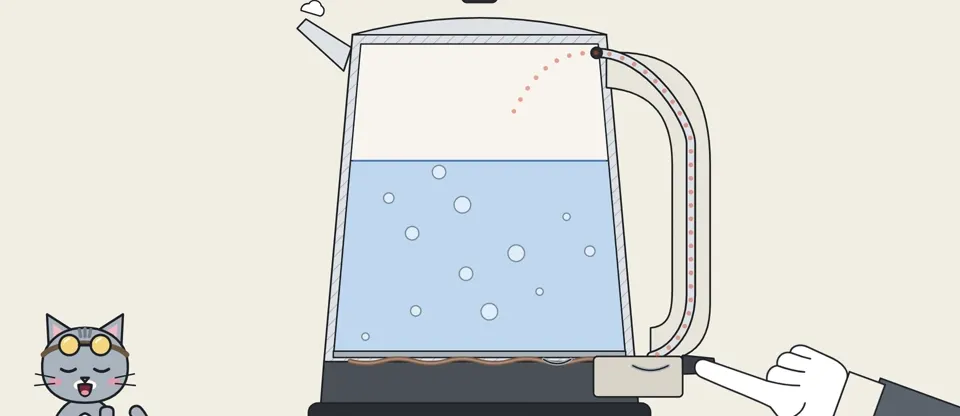 A kettle cut in half, coming to the boil