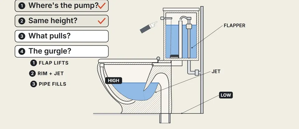 The bowl and bent pipe as the flush fills it